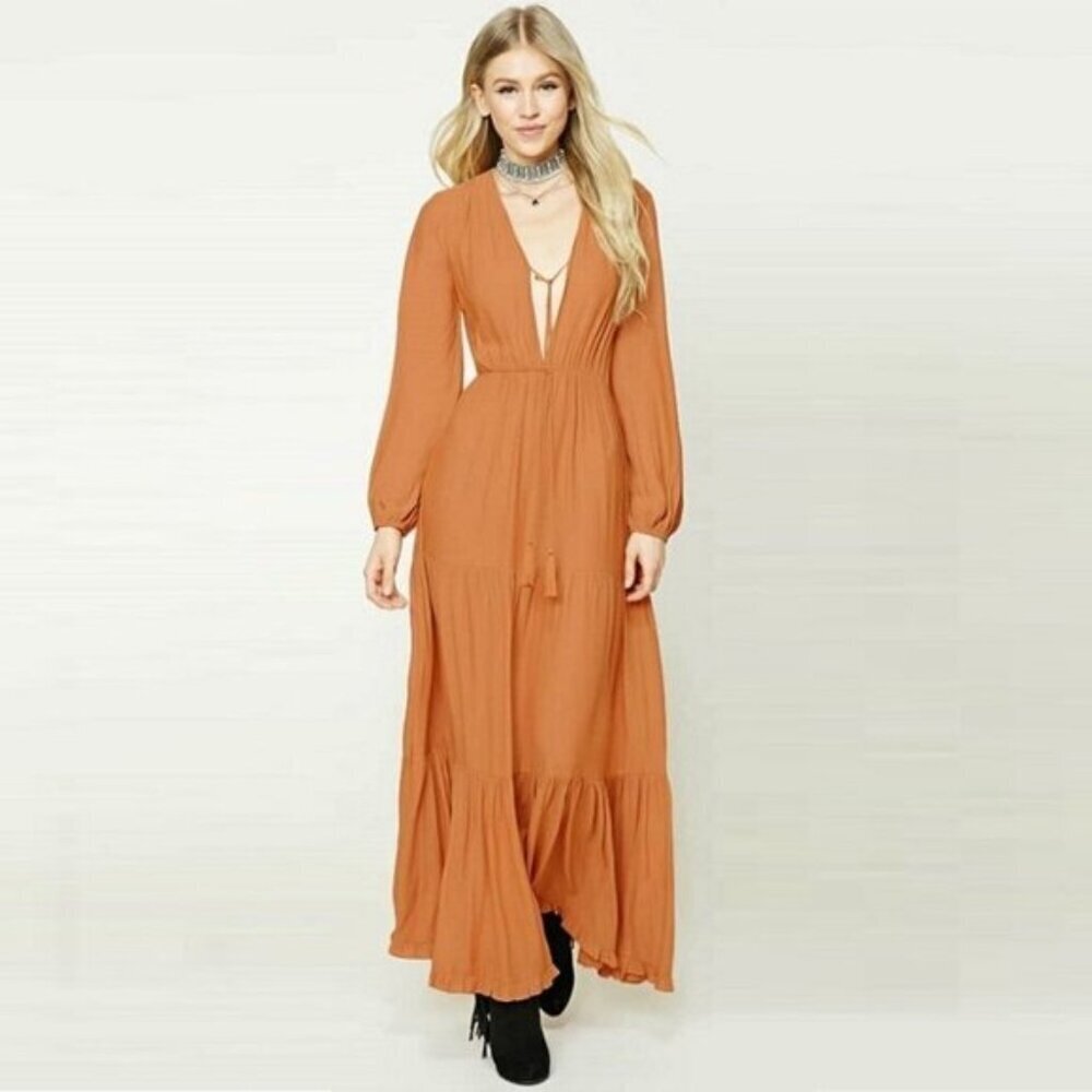 Tiered Maxi Dress Rust Bronze Billowy Sleeves Tassel Tie Front